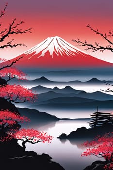 Majestic Mount Fuji in foreground, complemented by delicate backdrop of cherry blossoms in full bloom, tranquility of Japans iconic landscapes. For art, creative projects, fashion, style, magazines