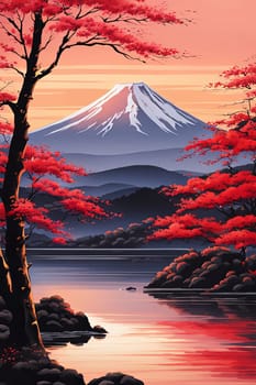 Mount Fuji majestically rising in background, framed by delicate cherry blossoms in full bloom, capturing essence of Japans natural beauty, cultural significance. For art, fashion, style, magazines