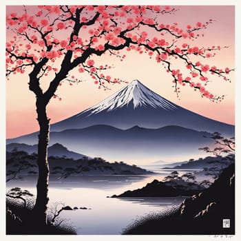 Mount Fuji at sunset, capturing majestic silhouette of mountain against vibrant, colorful sky as sun dips below horizon, creating tranquil scene. For art, creative projects, fashion, style, magazines