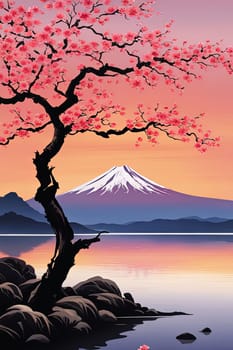 Cherry tree in full bloom with majestic Mount Fuji in background, capturing essence of traditional Japanese beauty, tranquility. For interior, commercial spaces to create stylish atmosphere, print