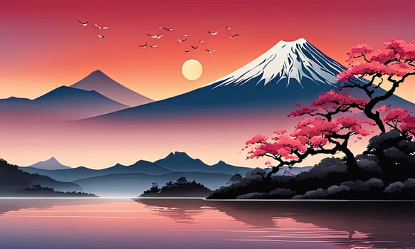 Mount Fuji range with red tree in foreground. For meditation apps, on covers of books about spiritual growth, in designs for yoga studios, spa salons, illustration for articles on inner peace, print