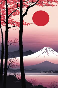 Mount Fuji at sunset, capturing majestic silhouette of mountain against vibrant, colorful sky as sun dips below horizon, creating tranquil scene. For art, creative projects, fashion, style, magazines