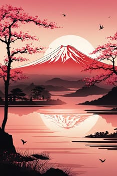 Cherry tree in full bloom with majestic Mount Fuji in background, capturing essence of traditional Japanese beauty, tranquility. For interior, commercial spaces to create stylish atmosphere, print