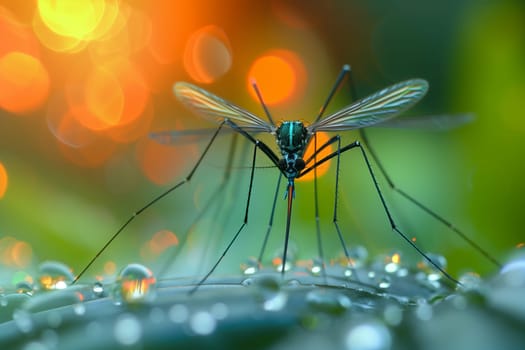 A mosquito perched on a vibrant green leaf, showcasing its delicate, slender legs and distinctive proboscis.