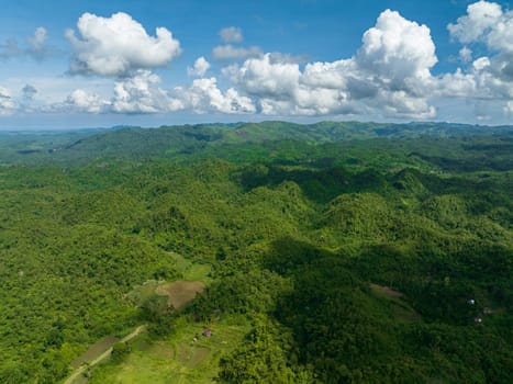 Mountains covered rainforest, trees and blue sky with clouds. Negros, Philippines