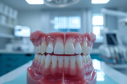 A realistic plastic model of teeth displayed in a dentists office setting.