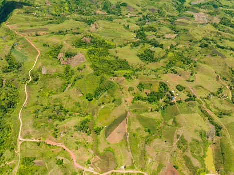 Top view of agricultural landscape with farmland in the countryside. Negros, Philippines