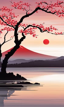 Japanese cherry blossoms in full bloom along shores of tranquil lake, capturing essence of springs beauty, tranquility. For art, creative projects, advertising campaigns, blogs, print, magazine