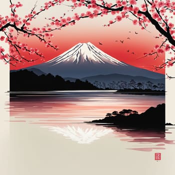 Japanese landscape adorned with delicate cherry blossoms, capturing essence of spring in Japan. For art, creative projects, fashion, style, blogs, social media, web design, print, magazine, banner