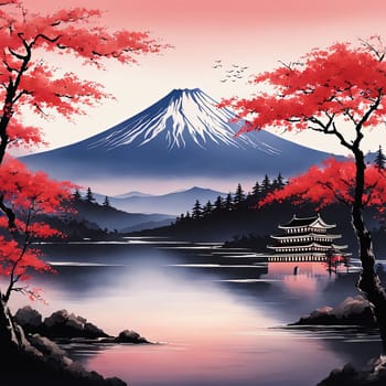 Japanese landscape adorned with vibrant cherry blossoms in full bloom, symbolizing beauty, transience of nature. For art, style, advertising campaigns, blogs, social media, web design, print, magazine