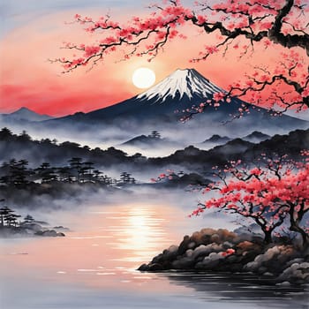 Majestic Mount Fuji, Japans iconic peak, bathed in warm hues of breathtaking sunset. Tranquil beauty of scene is accentuated by blending colors of sky. For art, creative projects, fashion, magazines