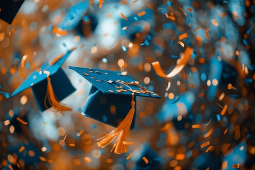 A group of graduation caps tossed in the air, celebrating the academic achievements of students during a graduation ceremony.