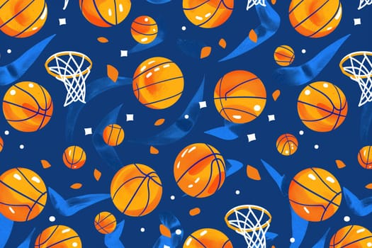 A repetitive pattern of basketballs and hoops displayed on a vibrant blue background, creating a visually striking design.