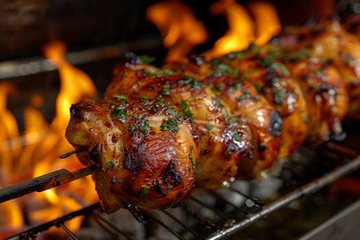 Close up view of meat skewered on a stick cooking on a hot grill, with visible grill marks and sizzling.