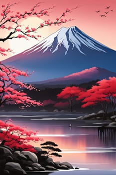 Japanese landscape adorned with delicate cherry blossoms, capturing essence of spring in Japan. For art, creative projects, fashion, style, blogs, social media, web design, print, magazine, banner