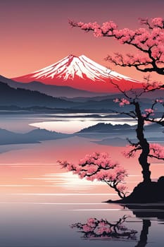Majestic Mount Fuji in foreground, complemented by delicate backdrop of cherry blossoms in full bloom, tranquility of Japans iconic landscapes. For art, creative projects, fashion, style, magazines