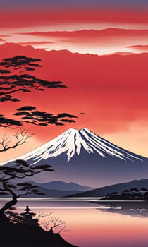 Mount Fuji majestically rising in background, framed by delicate cherry blossoms in full bloom, capturing essence of Japans natural beauty, cultural significance. For art, fashion, style, magazines