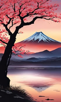 Mount Fuji at sunset, capturing majestic silhouette of mountain against vibrant, colorful sky as sun dips below horizon, creating tranquil scene. For art, creative projects, fashion, style, magazines