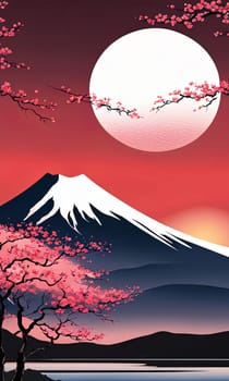 Cherry tree in full bloom with majestic Mount Fuji in background, capturing essence of traditional Japanese beauty, tranquility. For interior, commercial spaces to create stylish atmosphere, print