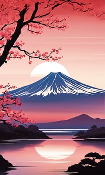 Painting of japanese Mount Fuji at sunset. For meditation apps, on covers of books about spiritual growth, in designs for yoga studios, spa salons, illustration for articles on inner peace, banner