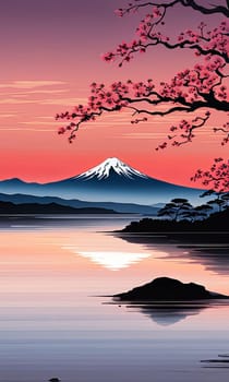 Mount Fuji range with red tree in foreground. For meditation apps, on covers of books about spiritual growth, in designs for yoga studios, spa salons, illustration for articles on inner peace, print