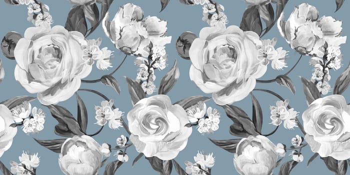 Botanical seamless pattern with peonies and sakura branches drawn in gouache for textile and design