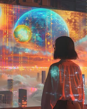 A woman stands in front of a large screen with a planet projected on it, creating a mesmerizing visual effect. The orange hues and automotive lighting add an artistic and fun element to the event