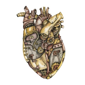 Illustration of steampunk style mechanical heart in watercolor and liner isolated on white background. Design for printing, packaging