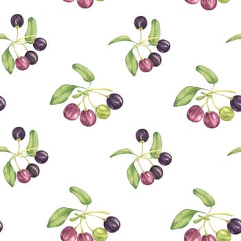 Seamless pattern with maqui berries and leaves. Hand drawn watercolor illustration of Chilean wineberry plant isolated on white background. Aristotelia chilensis design elements for printing,packaging, food supplements, apparel, textile,cards