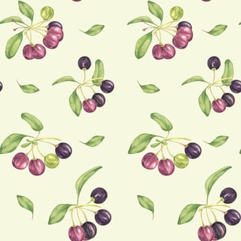 Seamless pattern with maqui berries and leaves. Hand drawn watercolor illustration of Chilean wineberry plant isolated on pale yellow background. Aristotelia chilensis design elements for printing,packaging, food supplements, apparel, textile,cards