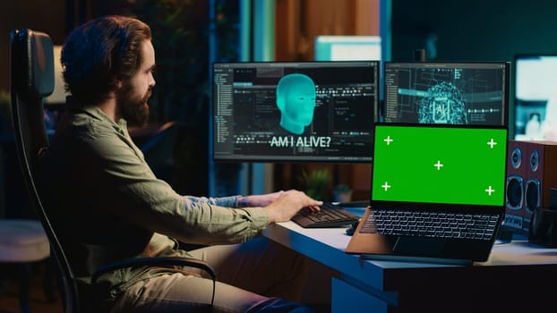 AI becoming sentient, chatting with computer scientist, asking existential questions, green screen laptop. Concept of artificial intelligence gaining consciousness, chroma key notebook, camera A