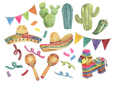 Cinco de Mayo hand drawn set of design elements in watercolor. Colorful cacti, pinata, jalapeno, sombreros, maracas, confetti, flags and serpentine clip arts for printing, cards, banners, packaging