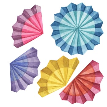 Fiesta flowers set in watercolor. Colorful paper fans for Cinco de Mayo decoration. Celebration designs for packaging, printing, cards, posters. Clip arts isolated on white background.