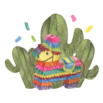 Donkey pinata and three cacti in watercolor. Illustration of the traditional party object with confetti. Clipart isolated on white background. Design for cards printing, packaging, Cinco de Mayo