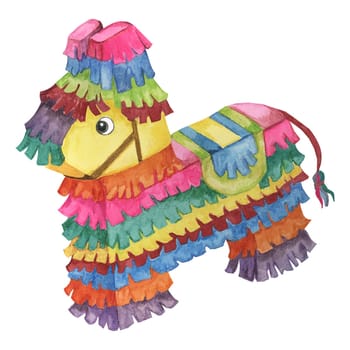 Colorful paper pinata in watercolor. Bright traditional party object designed as donkey with candy. Aquarelle clipart isolated on white background. designs for cards, printing, cinco de mayo
