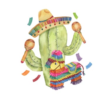 Cactus in sombrero with maracas and pinata. Watercolor illustration of succulent in straw hat with music instruments for Cinco de Mayo holiday. Clipart for printing, packaging, design isolated.