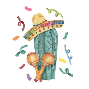 Cactus in sombrero with maracas and confetti. Watercolor illustration of cactus, hat, music instruments for Cinco de Mayo holiday. Clipart for printing, packaging, design isolated on white background.