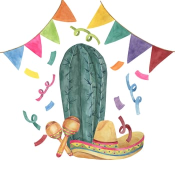 Cactus with sombrero, confetti and maracas. Watercolor illustration of succulent in a hat with music instruments for Cinco de Mayo holiday. Clipart for printing, packaging, design isolated on white.