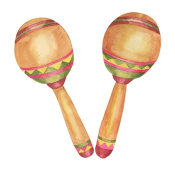 Mexican maracas duo in watercolor. Traditional wooden percussion instrument illustration in Aquarelle. Design elements for printing, postcards isolated on white background