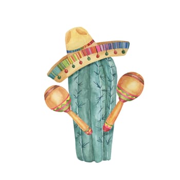 Cactus in sombrero with maracas. Watercolor illustration of succulent in straw hat with music instruments for Cinco de Mayo holiday Clipart for printing, packaging, design isolated on white background