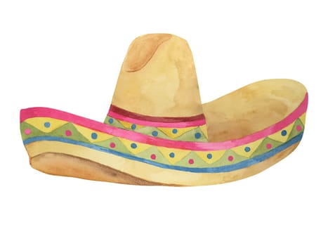 Traditional Mexican sombrero in watercolor. Colorful and bright ethnic straw hat with border. Aquarelle clipart isolated on white background. Design for printing, postcards, Cinco de Mayo, tourism