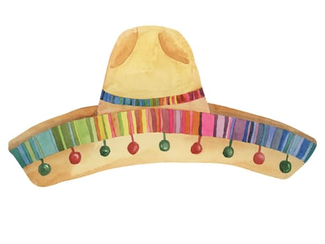 Traditional Mexican sombrero in watercolor. Colorful and bright ethnic straw hat with border. Watercolor clipart isolated on white background. Design for printing, postcards, Cinco de Mayo, tourism