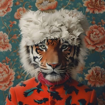 A Bengal tiger with whiskers and fawncolored fur wearing an orange jacket and fur hat, showcasing the beauty and elegance of the Felidae familys top predator