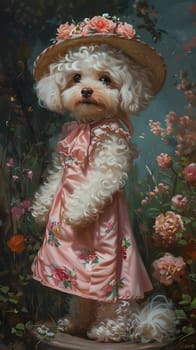 A Livercolored poodle, a companion dog of Toy breed, adorned in a pink dress and hat with a rose pattern. Its snout peeks out from fluffy fur, next to a toy and a plant