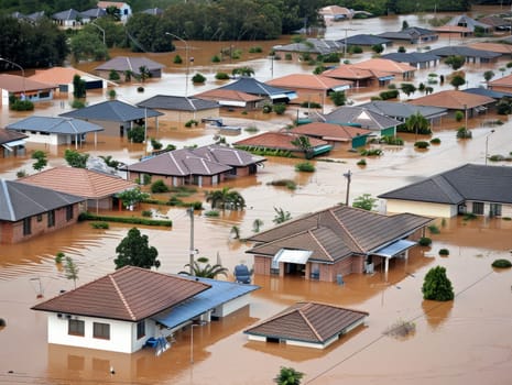 Aerial view of flooding city. Natural disaster damages houses and vehicles. Extreme flood and storm aerial photo. Ai generated.