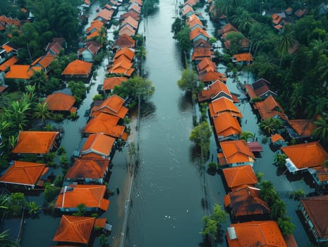 Aerial view of flooding city. Natural disaster damages houses and vehicles. Extreme flood and storm aerial photo. Ai generated.