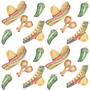 Seamless pattern with Cinco de Mayo hand drawn elements in watercolor. Colorful sombreros with maracas and jalapeno tiles. Repeat clip arts for printing, textile, apparel, wrapping, paper, packaging