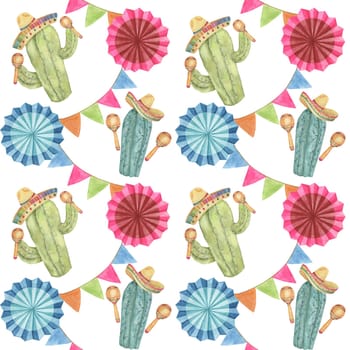 Seamless pattern with Cinco de Mayo hand drawn elements in watercolor. Colorful cacti with maracas and fiesta flowers tiles. Repeat clip arts for printing, textile, apparel, wrapping, paper, packaging