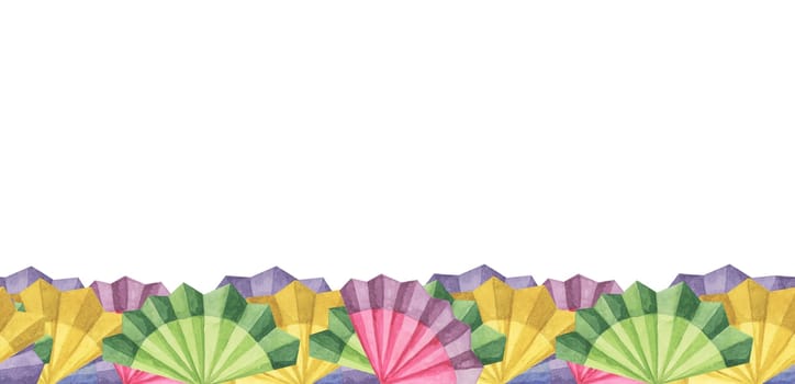 Seamless border of Mexican paper fans hand drawn set in watercolor. Colorful Cinco de Mayo design with fiesta flowers isolated on white background. Clip arts for printing, cards, banners, packaging