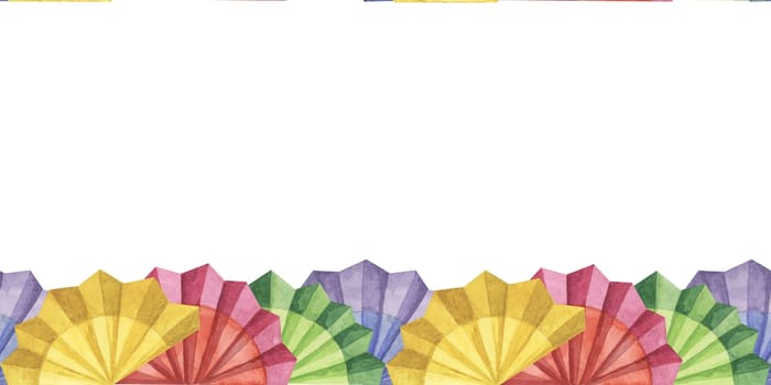 Seamless border of cinco de mayo paper fans as hand drawn set in watercolor. Colorful design with fiesta flowers isolated on white background. Clip arts for printing, cards, banners, packaging
